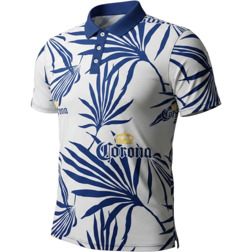 CORONA Polo Shirt‎ Mens 2XL White Blue Hawaiian All-Over Graphic Print Tropical